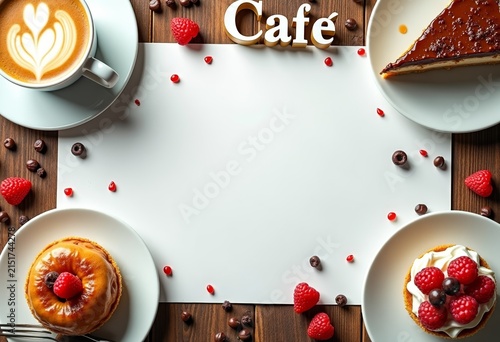 Top view cafe poster composition — latte, dessert, and typography zone
