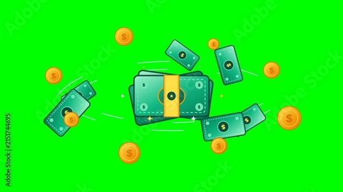 Vibrant green cash banknotes and gold coins flying and floating in a looping animation on a bright chroma key green screen background for finance.