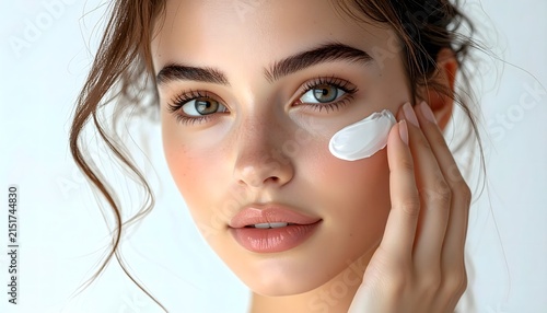 Primer plano de mujer joven aplicando crema cosmética bajo el ojo sobre fondo claro