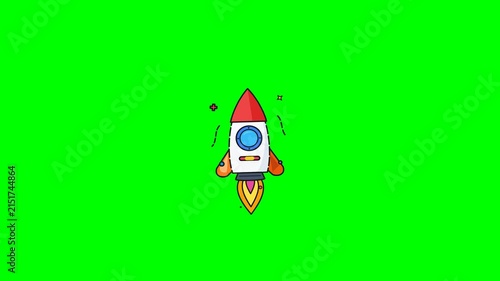 Vibrant turbo space rocket MBE style animation with fire flame effect launching upwards isolated on a green screen background for chroma key