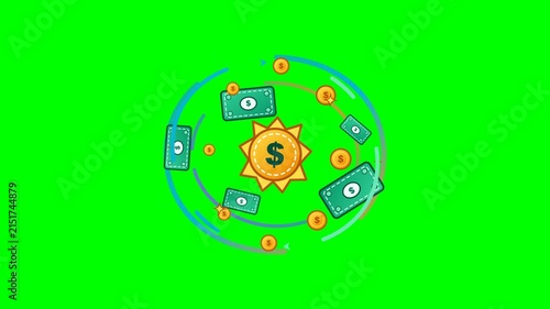 Animated dollar banknotes and gold coins swirling in a circular motion on green screen background for wealth and finance concepts