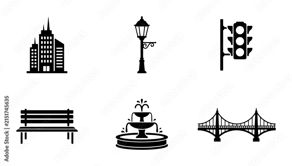 Fototapeta premium City Icons: Buildings, Street Lamp, Traffic Light, Bench, Fountain, Bridge Vector Set