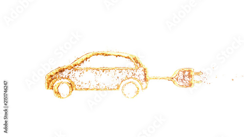 Glowing fire outline sketch of electric vehicle with charging plug cable icon, sustainable energy concept illustration on white background