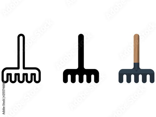 Fotografie Garden rake icon set, 3 vector garden tools, flat landscaping equipment icons Ed