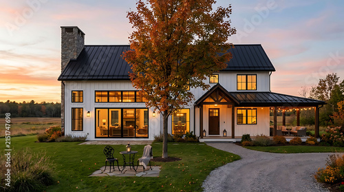 Modern Farmhouse Exterior at Sunset with Beautiful Fall Foliage and Patio Space