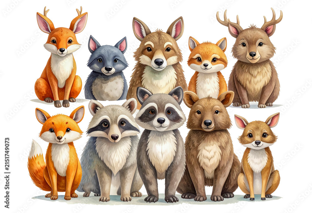 Obraz premium Whimsical forest animal collection featuring smiling fox, wolf, bear, raccoon, moose, and deer, clean cartoon style, transparent background.