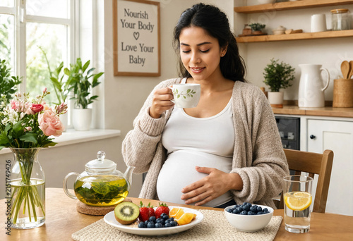 Pregnant woman smiles gently while sipping tea