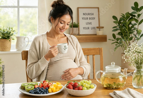Pregnant woman sips tea, smiling gently