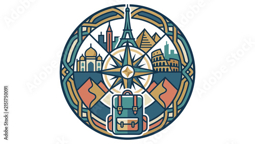Circular travel design with world famous landmarks and compass rose vector illustration