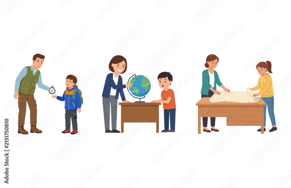 Obraz premium Vector illustration of teachers helping pupils with school subjects and learning activities