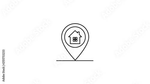 Line art icon of a map pin with a house symbol inside, representing home location or real estate.