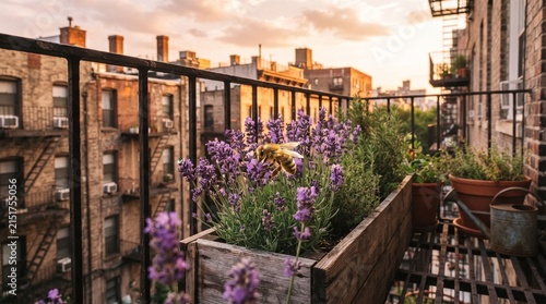 Honeybee on Lavender Flowers in an Urban Balcony Garden at Sunset