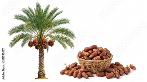 Date Palm Tree with Ripe Dates and a Basket of Fresh Dates Isolated on White Background