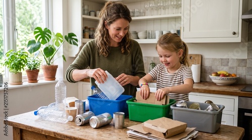 Mother and daughter sorting mixed recyclables together in a bright kitchen