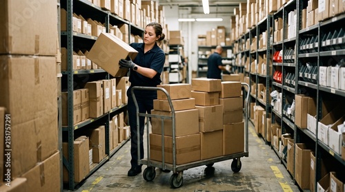 Warehouse worker stacking outgoing packages on a rolling cart in storage aisle