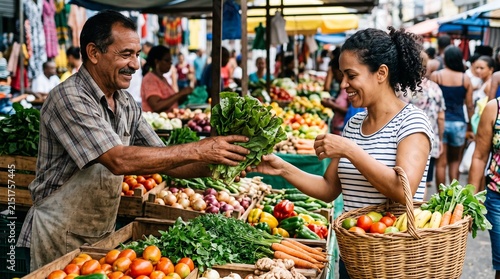 Smiling vendor handing fresh lettuce to customer at outdoor farmers market