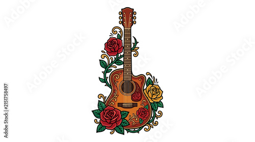 Acoustic guitar with blooming red roses illustration.