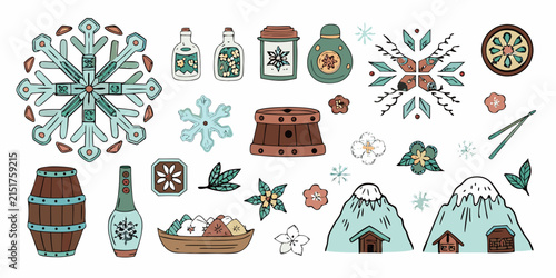 Collection of japanese sake bottles barrels and floral ornaments in vector illustration