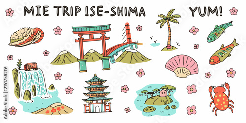 Ise shima travel themed illustrations depict landmarks seafood and local flora