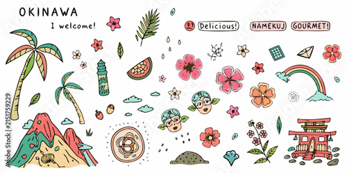 Okinawa themed floral ornament and travel elements hand drawn vector illustration