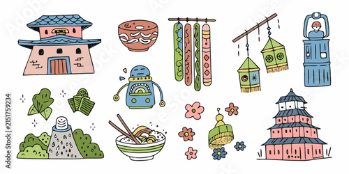 Japanese cultural elements illustration featuring buildings food and traditional crafts