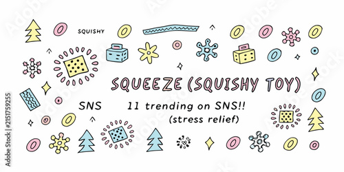 Hand drawn illustration featuring squishy toys and doodle elements on white
