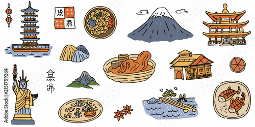 Collection of japanese landmarks and cuisine colorful vector illustration