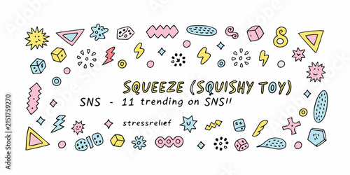 Colorful doodle pattern featuring squishy toy lettering and various shapes