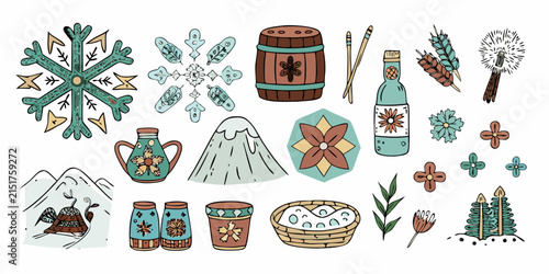 Collection of niigata prefecture themed illustrations including sake and hegi soba