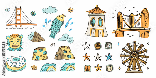 Collection of hand drawn landmarks and cultural symbols vector illustration