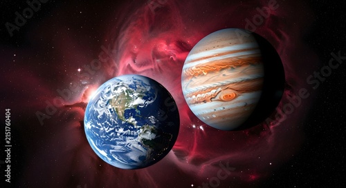 Planet earth and jupiter majestically float together in a vibrant red nebula