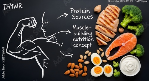 Protein sources for muscle building nutrition concept displayed on a black background