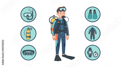 Scuba diver in full professional gear stands in the center with surrounding icons representing various pieces of essential underwater respiratory and navigation equipment.