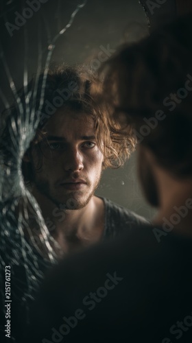 A contemplative young man gazes into a shattered mirror reflecting his introspective mood and deep emotions in a moody and artistic setting. Generative AI