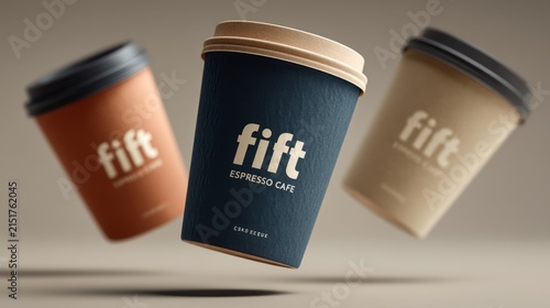 Stylish coffee cups featuring modern branding designed for coffee lovers showcasing vibrant colors and unique designs suitable for marketing or promotional use. Generative AI