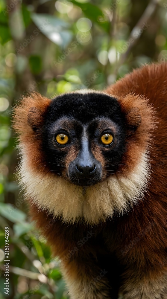 Fototapeta premium A close up portrait of a red ruffed lemur with bright yellow eyes looking at the camera in a green tropical forest