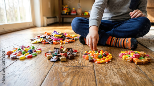 Child sorting colorful piles of Halloween candy on a wooden floor, childhood autumn holiday tradition
