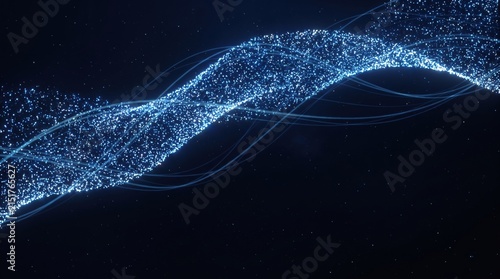Abstract glowing blue digital particle wave stream with floating light lines on dark background for big data connection and futuristic technology concept.