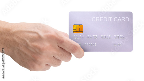 A close-up man hand holds a silver card isolated on white background with a clipping path.