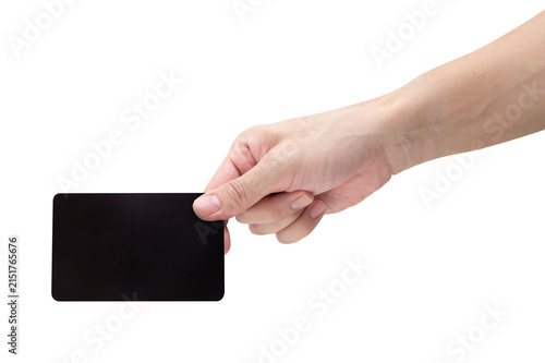 Man hand hold black credit card isolated on white background with a clipping path.