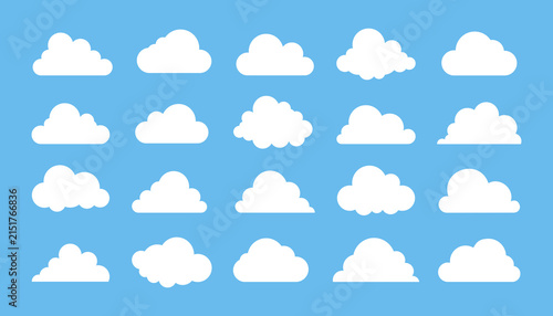 White cloud silhouette icons in flat vector style isolated on sky blue background, simple weather symbol collection for graphic design projects.