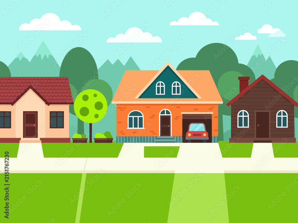 Naklejka premium Colorful Flat Vector Illustration of a Suburban Residential Street with Houses and Mountains