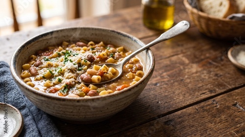 Minestrone di Verdure with Pesto: A hearty ceramic bowl of chunky minestrone vegetable soup, finished with a dynamic drizzle of fresh pesto and grated cheese.