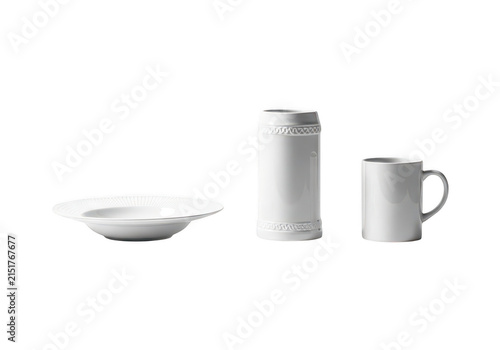 White ceramic plate, tall beer mug and coffee cup set isolated on transparent background