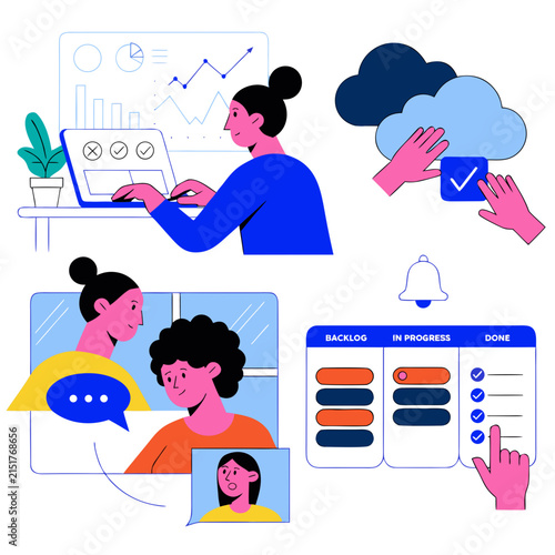Modern Remote Work Scene with Video Meeting Digital Project Management and Holographic Interface