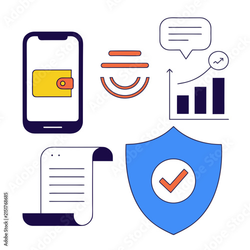 Modern Digital Payment Concept with Mobile Wallet Security Shield Receipt and Financial Analytics
