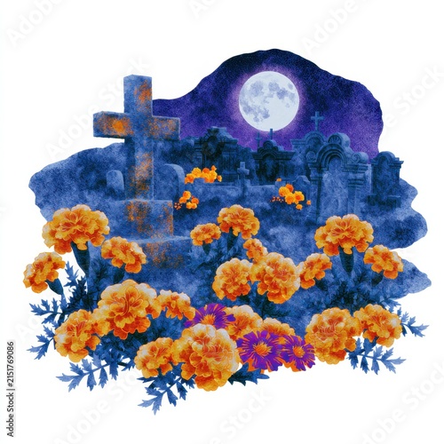 Colors of life and memory shine bright at Marigold cemetery on Dia de Muertos night