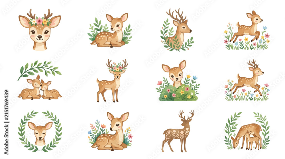 Obraz premium Adorable woodland deer and fawns with flowers.