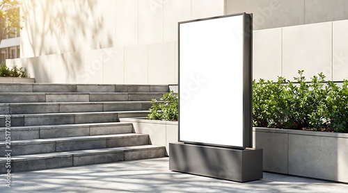 Blank Digital Billboard Displaying White Screen Outdoors Near Stairs and Plants.