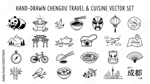 Cuadro en lienzo Hand drawn abstract minimal element illustrations centered on travel and cuisine in Chengdu, China